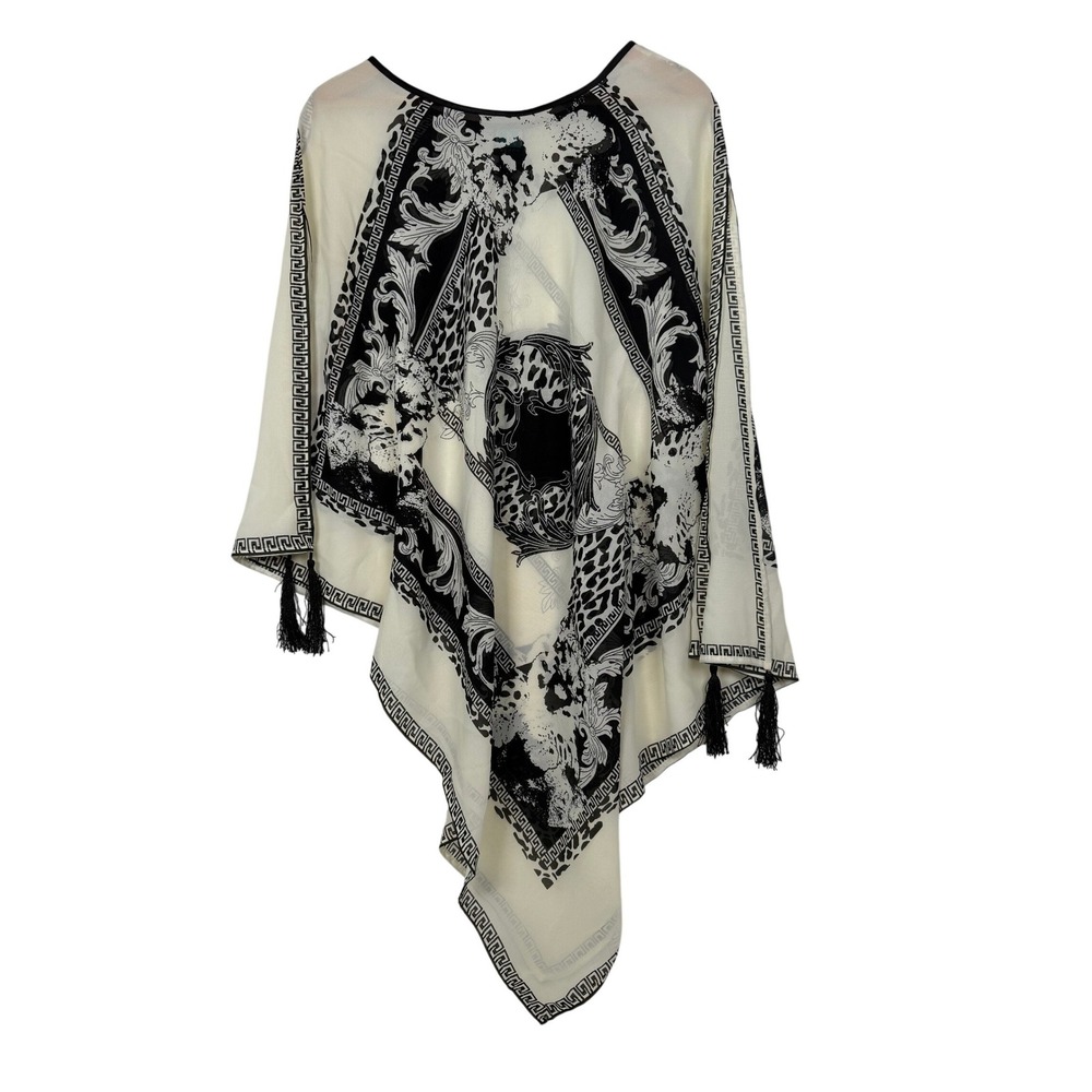 LM Beach Poncho Top Womens S White Black Baroque Leopard Tassel Handkerchief Hem